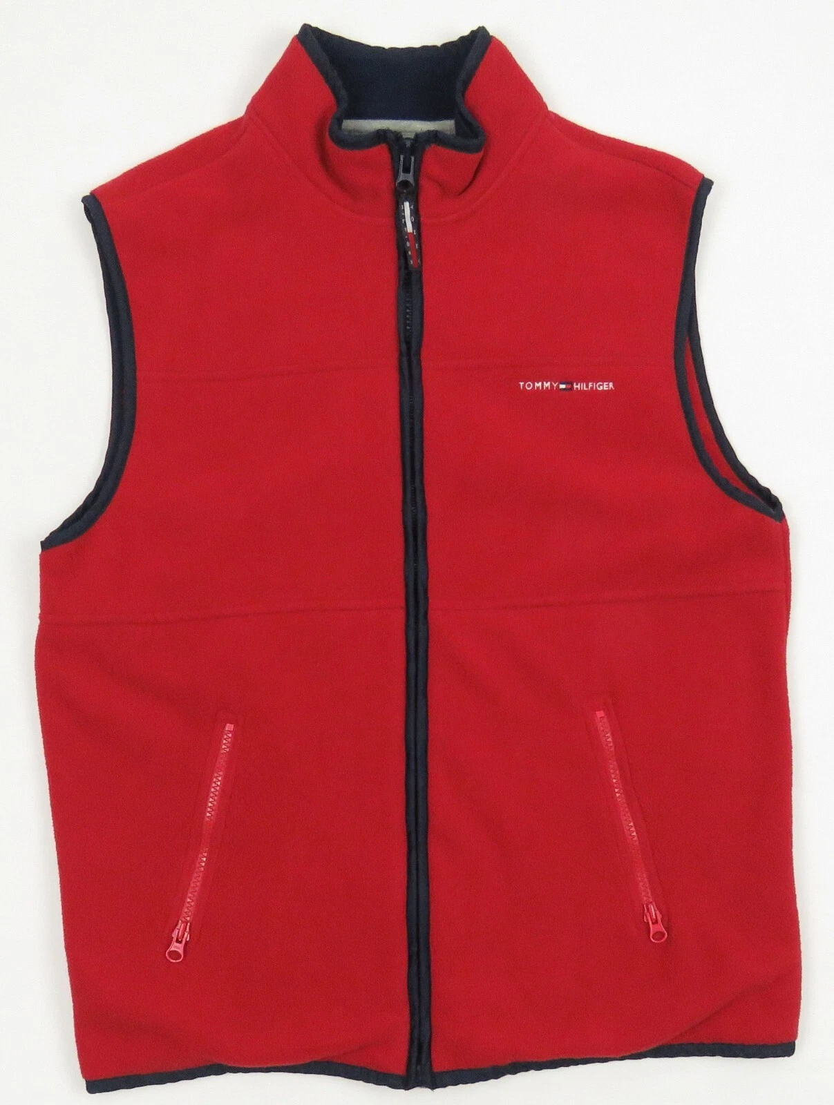 Vintage 90s Tommy Hilfiger Fleece Spell Out Flag Full Zip Vest Coat Jacket L