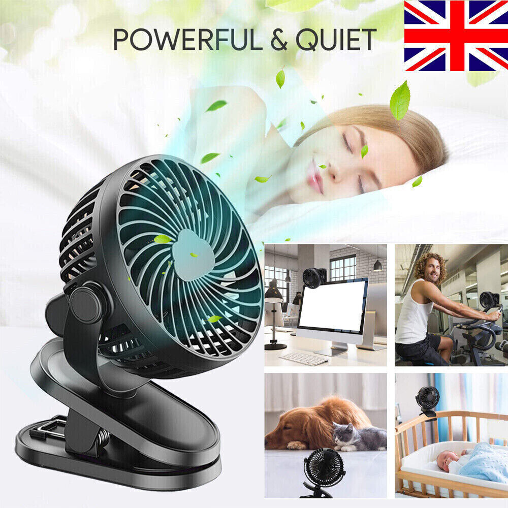 Portable Clip on Fan USB Rechargeable 3 Speeds Table Desk Air Cooling Small Fans