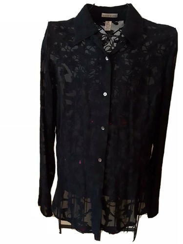 ANNE KLEIN MUJER TALLA 10 100% RAYÓN~ BLUSA NEGRA MANGA LARGA TRANSPARENTE CON DISEÑO - Imagen 2 de 7