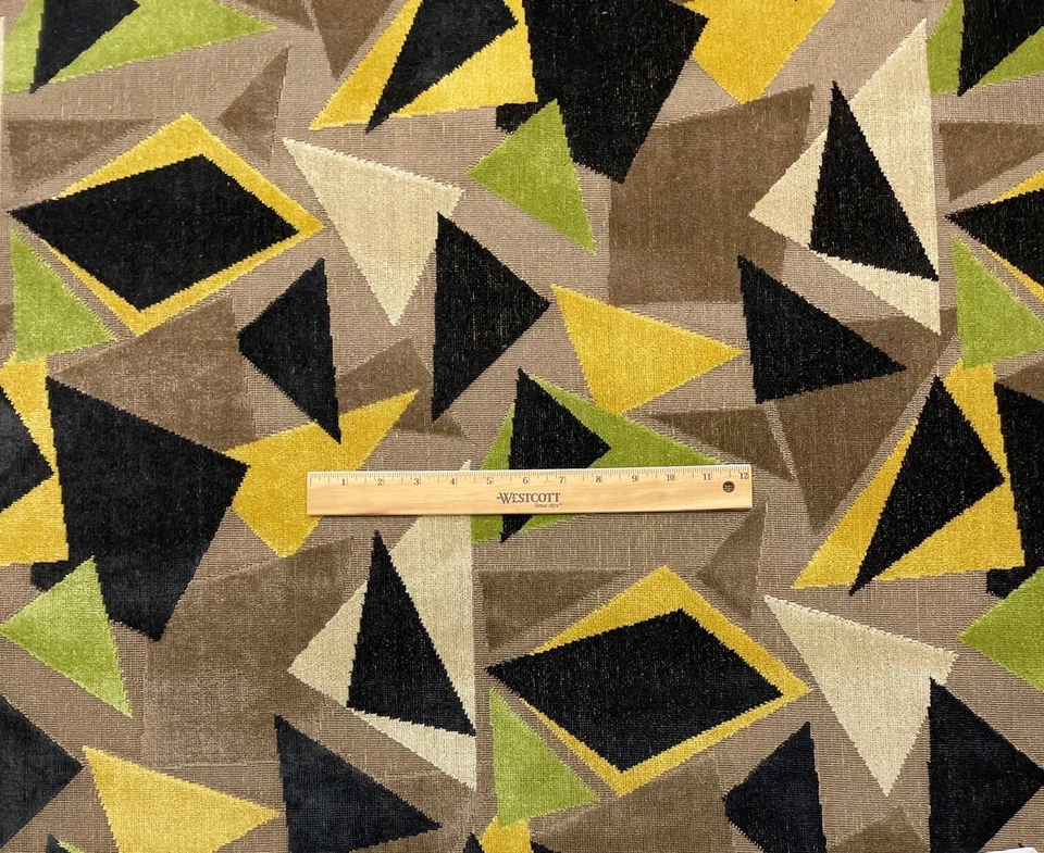 CLARENCE HOUSE MURANO BROWN GREEN GEO MODERN LINEN VELVET FABRIC BY YARD 50"W - Image 3 of 4