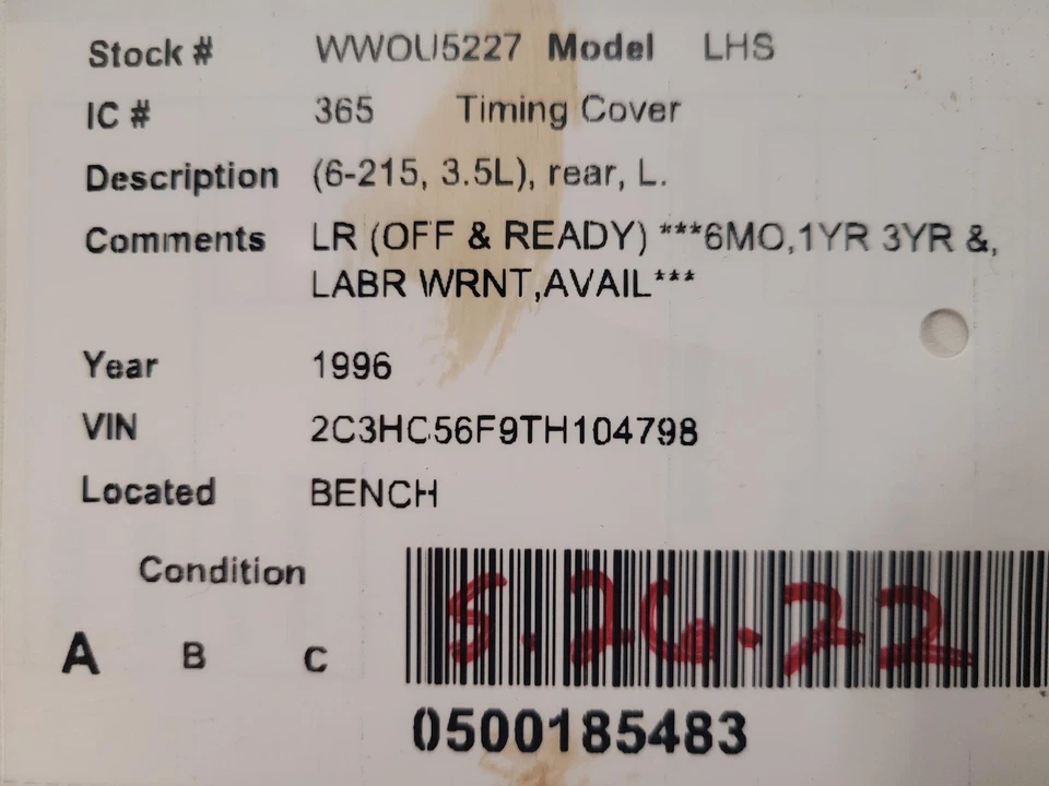 Used Rear Left Engine Timing Cover fits: 1996 Chrysler Lhs 6-215 3.5L rear Rear - Imagem 3 de 4