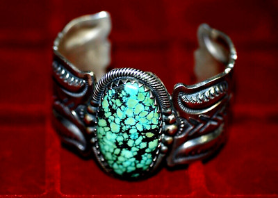 Large & Heavy Navajo James McCabe Sterling Silver Spiderweb Turquoise Bracelet 