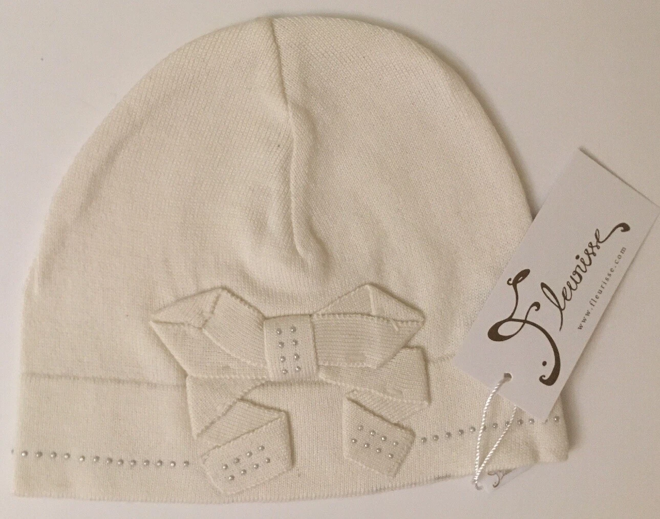 Fleurisse Blair Cream Merino Wool Beanie Silve Bow Baby Girl Sz 52 4Y-6Y Hat NWT