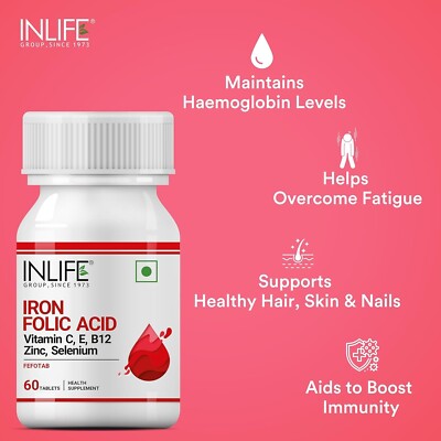 INLIFE Iron with Folic Acid, Zinc, Vitamin C, E & B12 (60 Tablets)