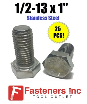 (Qty 25) 1/2-13 x 1'' Stainless Steel Hex Cap Screw / Tap Bolt 18-8 / 304