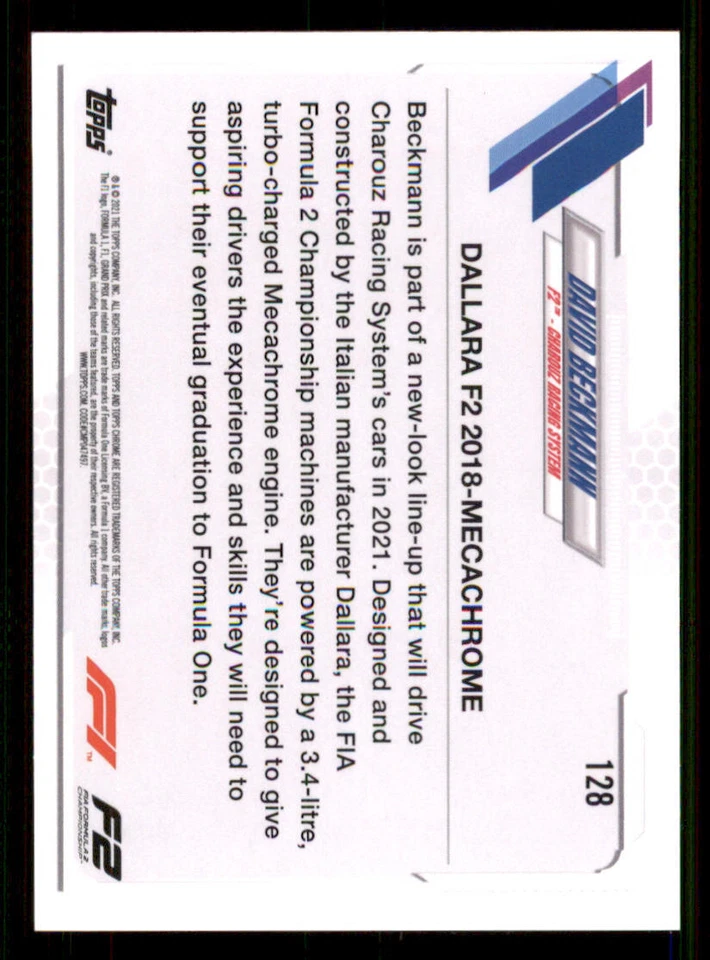 2021 Topps Chrome Formula 1 #128 David Beckmann/F2 Cars - Image 2 of 2
