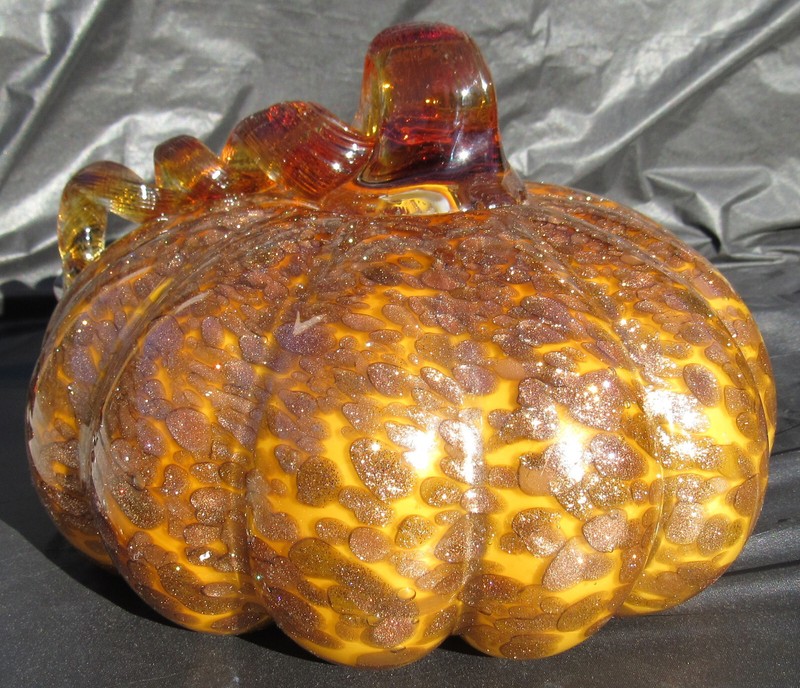 Decorative Orange & Yellow Glass Pumpkin with LOTS of GOLD AVENTURINE, 7" Across