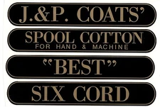 J & P COATS SPOOL CABINET DECAL 4 PIECE SET / Gold on Black  10 1/4 X 1 5/8