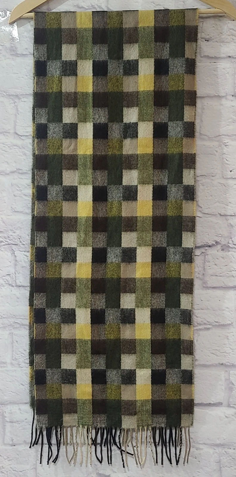 Vintage Neck Scarf Shawl Black Brown Green Yellow Geometric Fringe Made In Korea