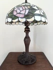 TIFFANY STYLE LAMP / Vintage Stained Glass Table Top / ROSE Floral w/ metal base