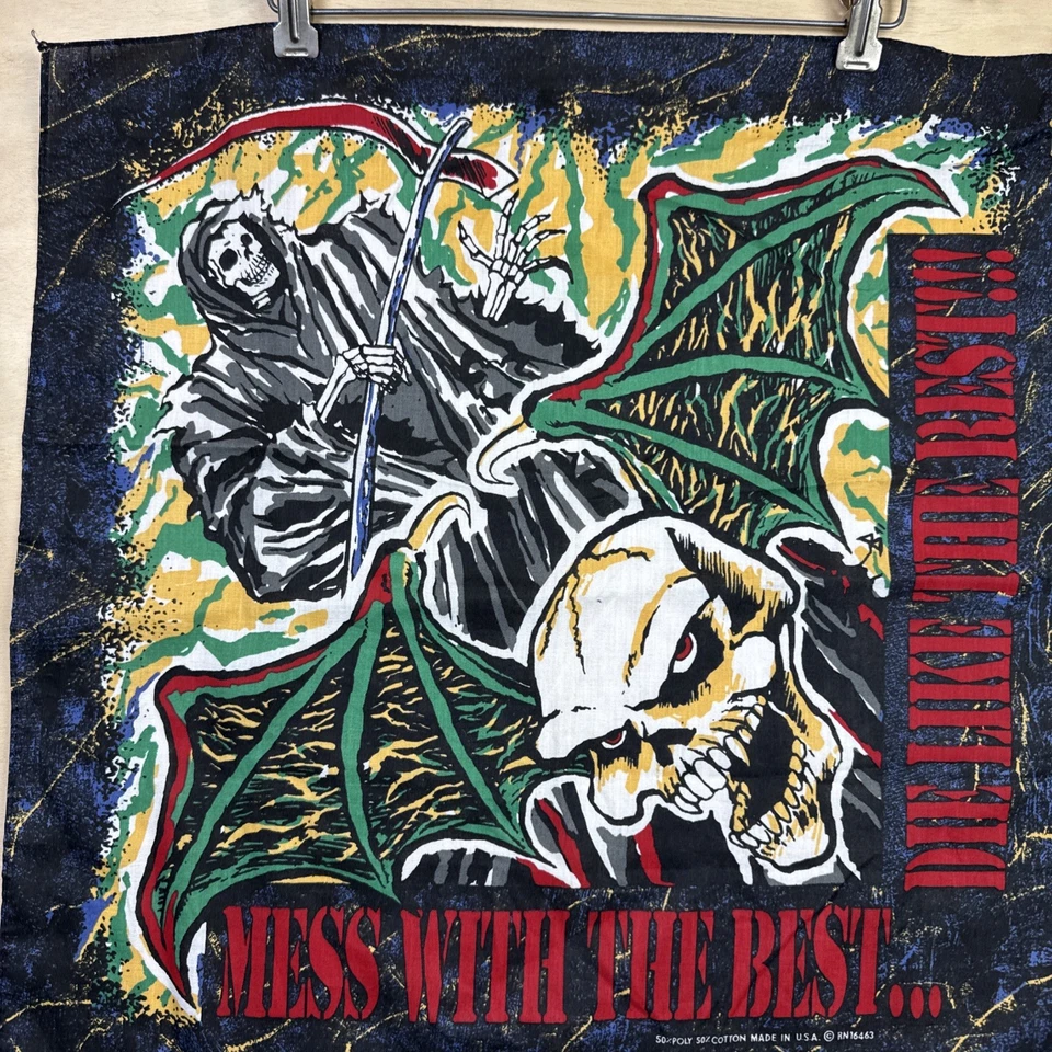Bandana de motociclista vintage años 80 Mess with the Best Skull Grim Reaper motocicleta EE. UU. Foto 3 de 4