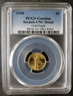 1990 $5 1/10oz Gold American Eagle PCGS Genuine Scratch UNC Detail