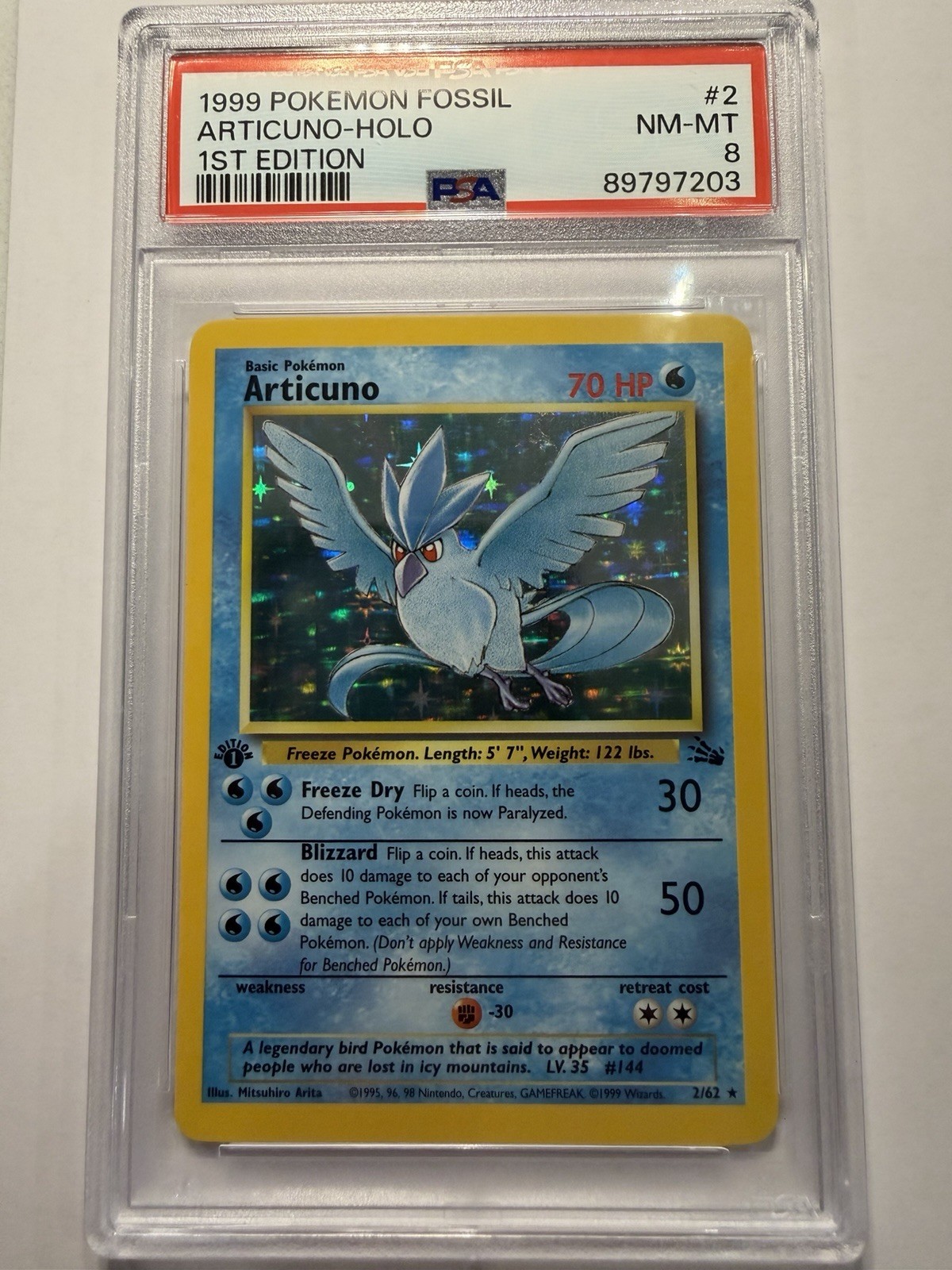 1999 Pokemon Fossil 1st Edition Holo Articuno #2 PSA 8 NM-MT