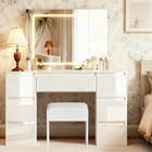 White Dressing Table High Gloss Vanity Makeup Desk 7 Drawers& Stool& LED Mirror
