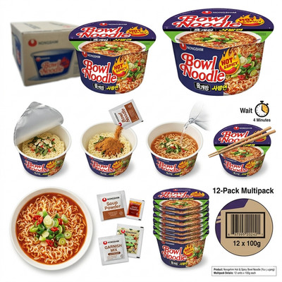 Nong Shim Hot & Spicy Schüssel Nudelsuppe, 12er Pack Ramen Bowl Instantnudeln