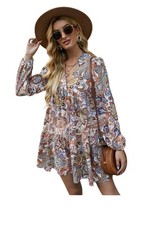 Womens New L Boho Dress Multi-color Paisley Pleated With Flare Classy Easy Care