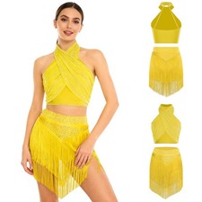 Womens Dress 2 Piece Outfit Ballroom Costume Tiered Dancewear Belly Halter Jazz