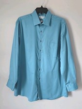 VAN HEUSEN Lux Sateen Regular Fit Men's 16.5 Aqua Blue Button Up Dress Shirt EUC