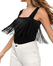 Mangopop Womens Fringed Bodysuit Medium Black Snap Crotch Square Neckline