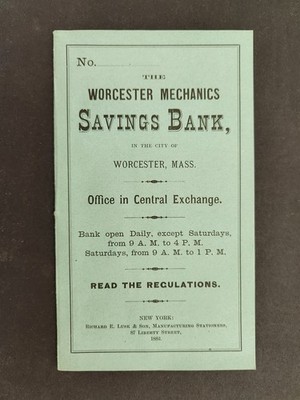 1882 antique WORCESTER MECHANICS SAVINGS unused BANK BOOK history regulations