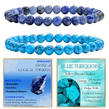 2-Piece 6mm Beaded Bracelets for Women   Sodalite, Blue Turquoise   Handmade Nat