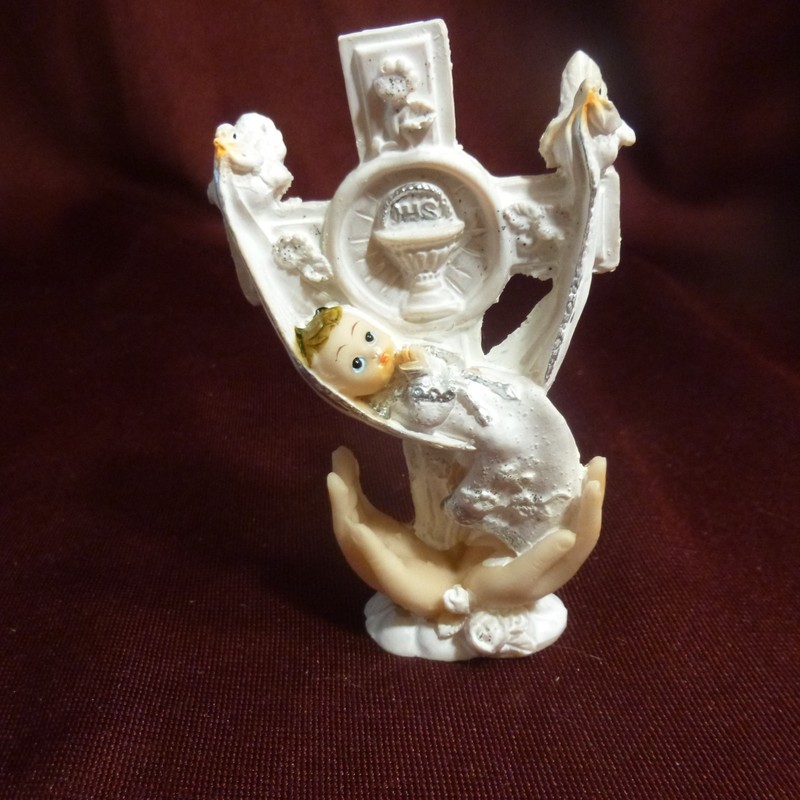 Baptism religious cross holding baby Jesus figurine gift décor JHS - Mint