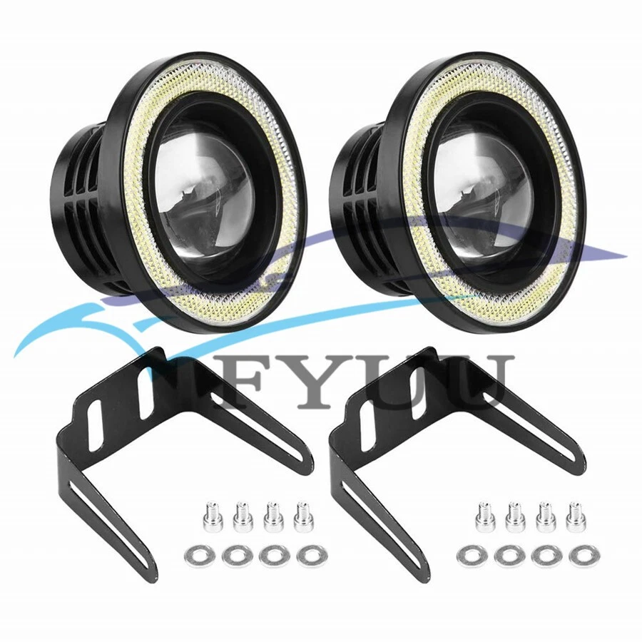 1 Pair Car 3.5" Round COB LED Angel Eyes Halo Ring Projector Fog Lamp + Bracket — 第 3/4 张图片