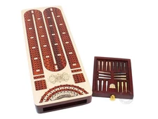 4 Track Cribbage Board Bloodwood Inlay 13.5" with Drawer Skunk, Corner, Win