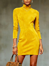 Suede Turtleneck Long-sleeve Slim-fitting Bodycon Dress For Women, Autumn And Wi