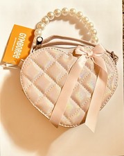 Girls Quilted Heart Purse   Pearl Handle  Bow   Pink   New With Tags