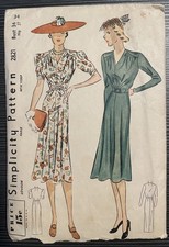 Vintage 1938 Simplicity Pattern 2821 V-Neck Dress Bust 34 Hip 37 Complete