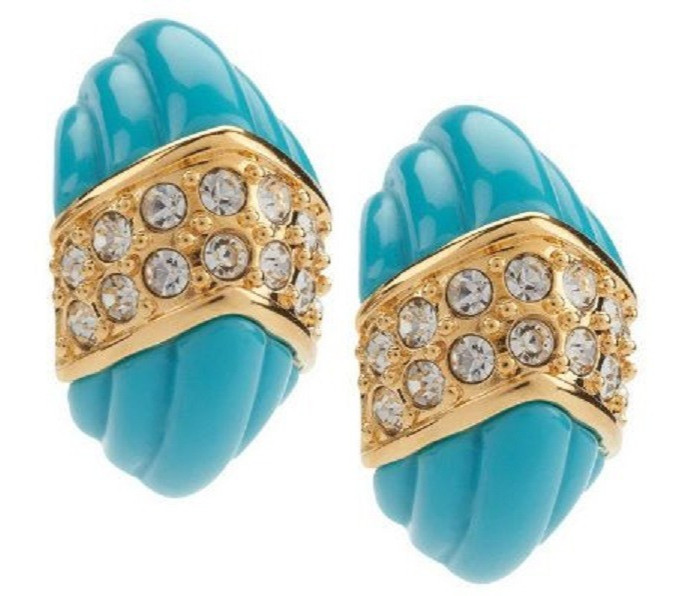 QVC Kenneth Jay Lane Goldtone Fluted Crystal Blue Demi Hoop Earrings