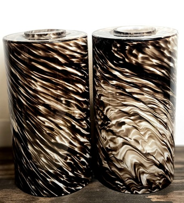 #ad Pair Hand Blown Art Glass Hurricane Candle Holders Brown Cream Swirl 10” Modern $149.99