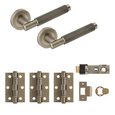 Union TEXTURA Door Handle Pack round Rose 3x Hinges 1x Latch Matt Antique Brass