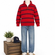 Polo Ralph Lauren Red Navy Striped Quarter Zip Pullover Kids Size M 10-12
