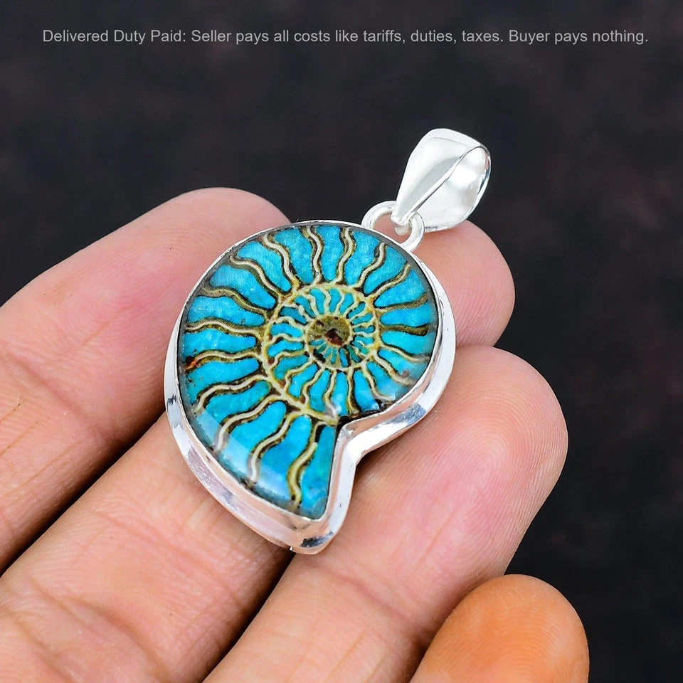 Colgante fósil turquesa azul en amonita plata de ley 925 joyas de piedras preciosas Foto 4 de 4