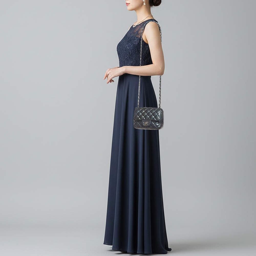 Chanel Square Classic Single Flap Mini Dark Teal Quilted Patent Leather Bag image 2