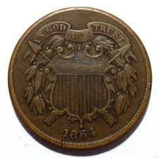 1864 United States Union Shield TWO 2 CENTS 'Large Motto' Copper Coin  NICE   b