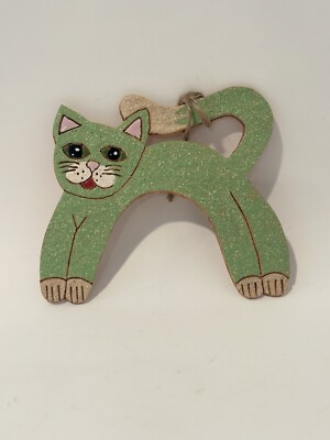 Made in Hungary Art Pottery Textured Design Cat Christmas Ornament Large Green