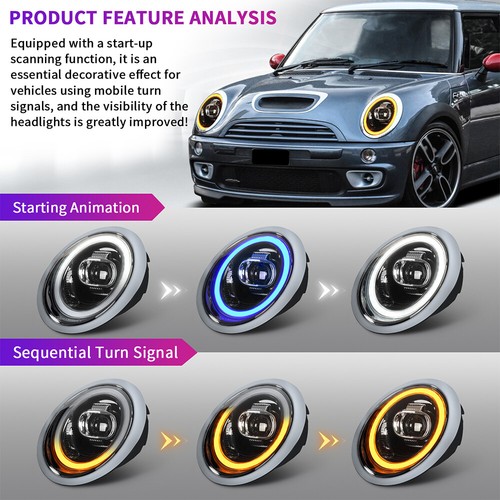 LED Projector Headlights Assembly For BMW Mini Cooper R50 R52 R53 2001-2007 L +R - Foto 3 di 17