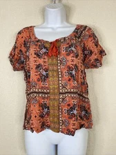 Energe World Wear Womens Size PM Coral Boho Stripe Tie Neck Blouse Short Sleeve