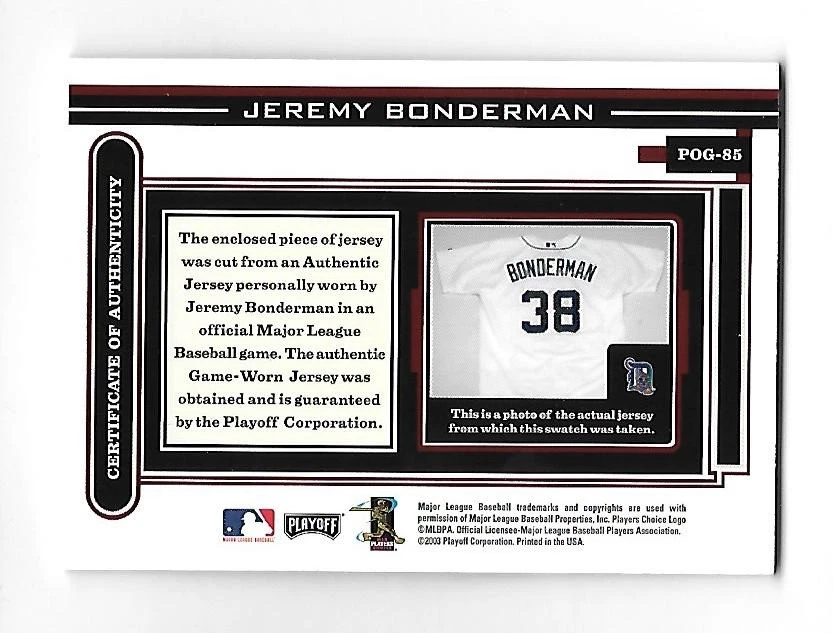 Jersey Jeremy Bonderman 2003 Playoff Pieza del Juego Usado Parche Automático #POG-85 Foto 2 de 2