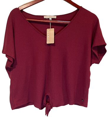 Monk Lou Shirt Blouse Women's Medium V-Neck Knot Front Tee Red Wine Color NWT