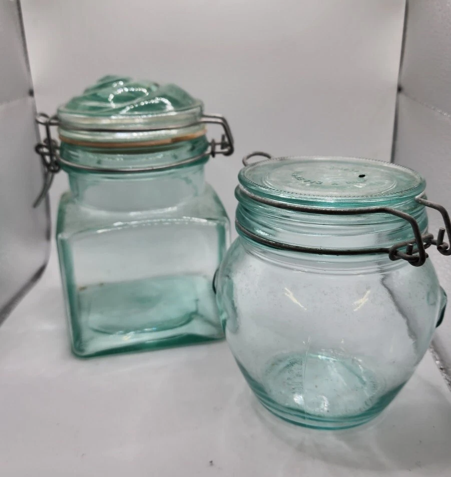 Vintage Pair of Green Italian Hermetic Jars Wire Bails Unique Glass Canisters.