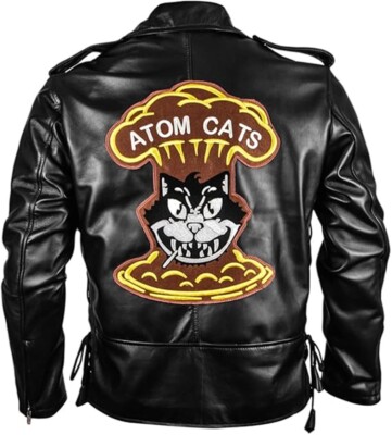 Man's Motorcycle Atom Cats Biker Black Real Genuine Sheep Leather Jacket