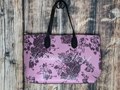 VIictoria's Secret Large Shoulder Tote Bag Pink Black Floral Print Faux Leather