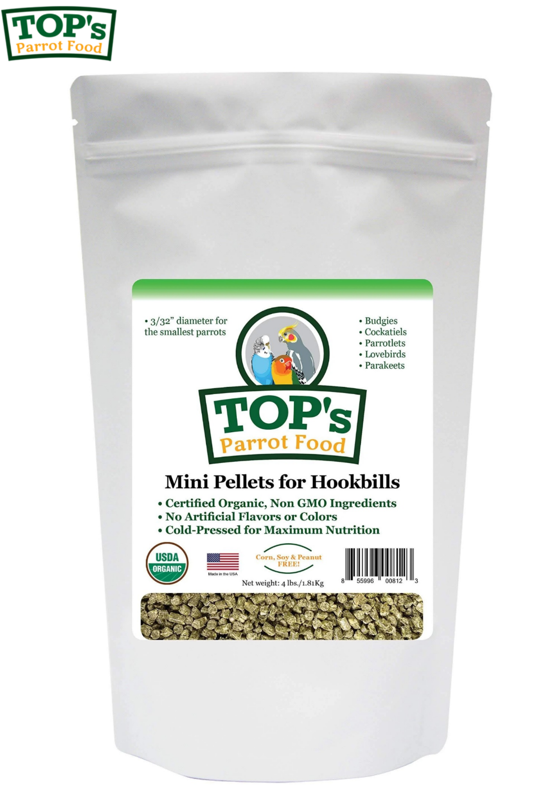 TOPS ORGANIC PARROT FOOD MINI PELLETS COCKATIEL BUDGIE LOVEBIRD PARAKEET 1.81KG