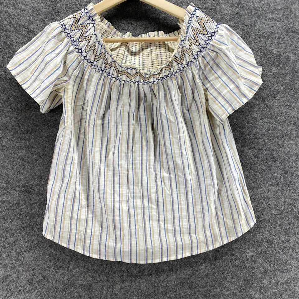 Blusa sin marca para mujer M mediana beige a rayas manga corta cuello redondo lino Foto 4 de 4