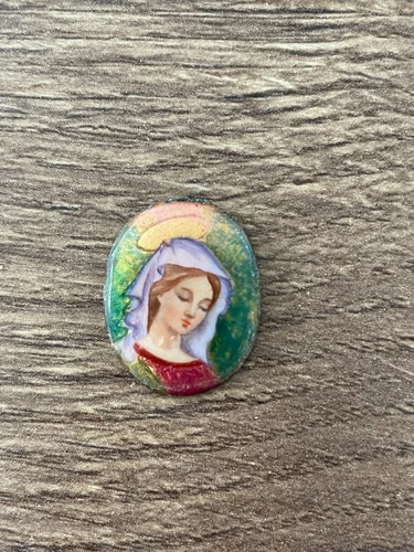 Antique Small Limoges Enamel Medallion Virgin Religious Enamel