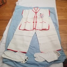 VINTAGE ASIAN JAPANESE CHILD'S SILK EMBROIDERED PAJAMAS WITH COTTON SLIPPERS